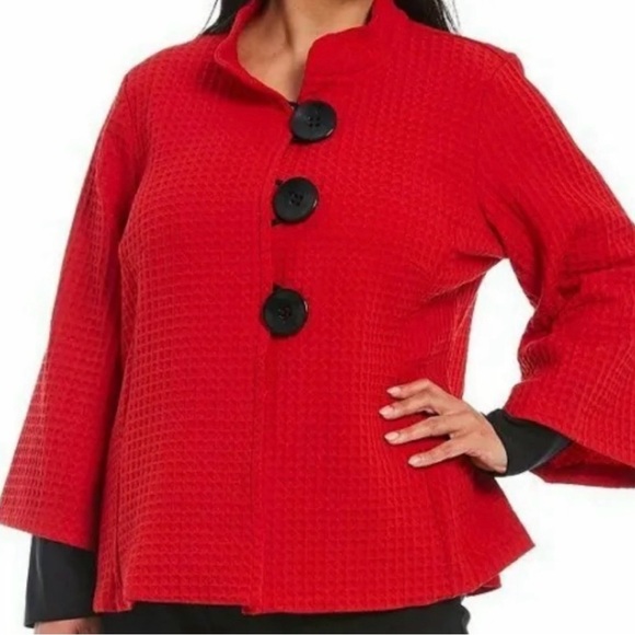 Ali Miles Womens Red Waffle Knit Mock Neck Button Front Peplum Top Jacket 1X - Picture 2 of 10